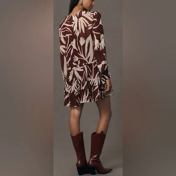 Anthropologie Marais Chiffon Mini Dress w/ ruffled skirt. Maroon, white. L-XL - Picture 3 of 15